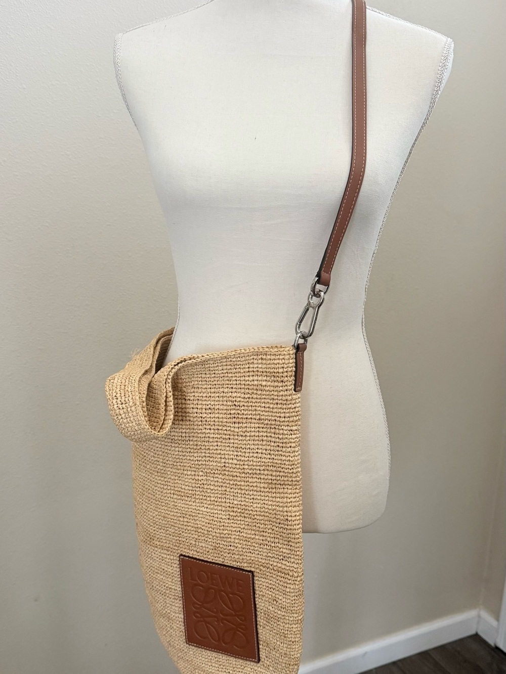 Loewe Raffia Large Messenger Bag with Brown Leather Strap